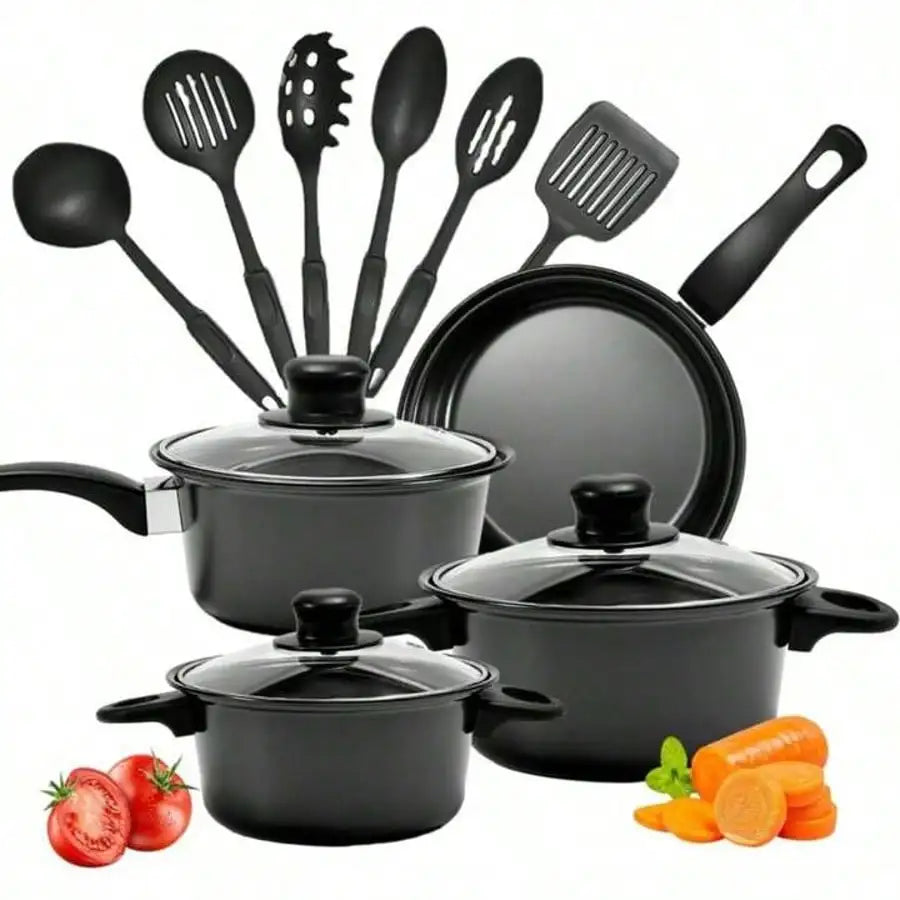 13 Piece Nonstick Kitchenware Set Induction Pots and Spoons Kit, Black Frying Pan & Milk Pot Perfect for Family Dinner & Camping
