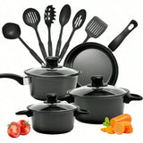 13 Piece Nonstick Kitchenware Set Induction Pots and Spoons Kit, Black Frying Pan & Milk Pot Perfect for Family Dinner & Camping