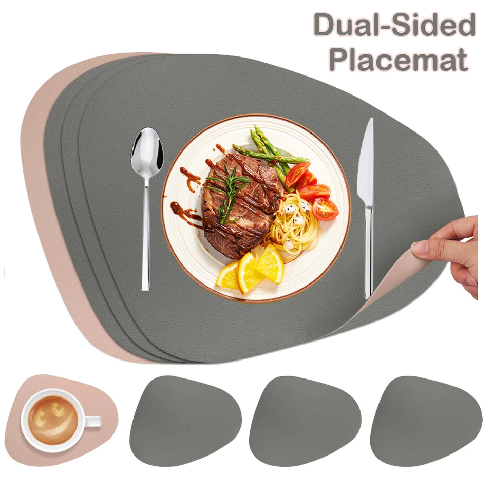 Double Sided Anti Slip PU Pad Table Mat with Coaster Oil-Proof Waterproof Leather Placemat Kitchen Dinner Coffee Tables Mats