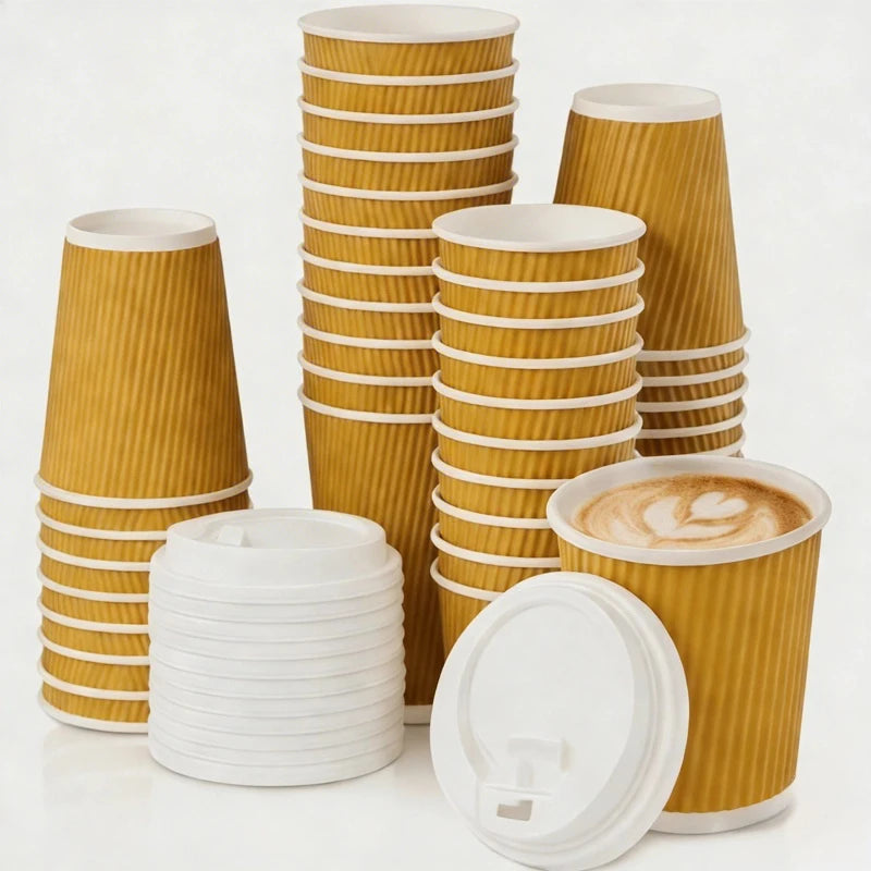 30pack Yellow Ripple Coffee Paper Cups 8oz Disposable Coffee Cups With Lids for Cold/Hot Beverages Travel Office Paper Cups