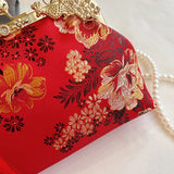Chinese Style Embroidered Snap-button Shoulder Bags Cheongsam Traditional Exquisite Women's Handbag Red Bridal Pearl Wedding Bag