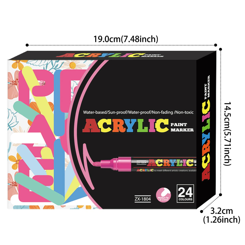 12/18/24 Vibrant Acrylic Marker Set, Medium Tip (2-3mm) Suitable for Rock Painting, Black Paper, and Skateboard Decoration