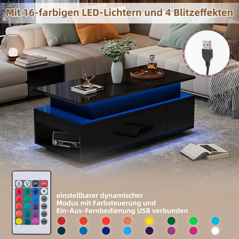 KOMHTOM Black height adjustable coffee table high gloss coffee table with hidden storage, drawer and LED lighting