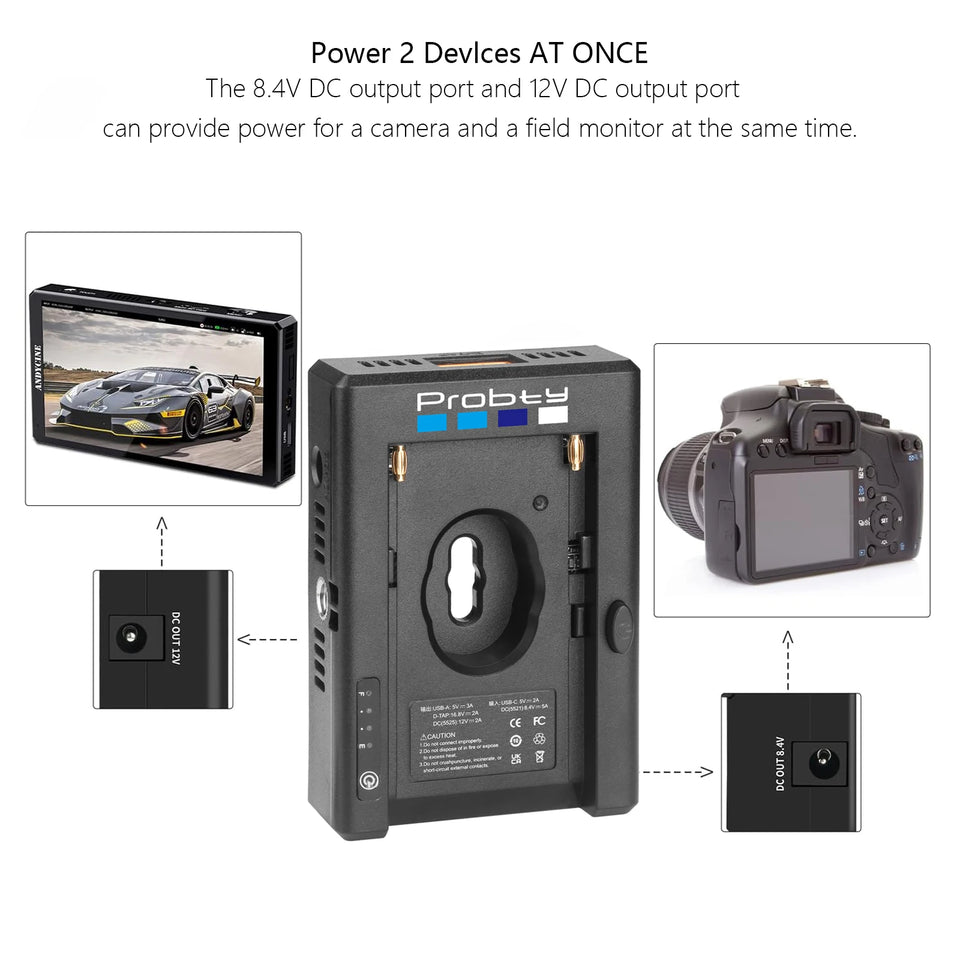 NP-F Battery Charger Battery Adapter Plate with DC12V DC8V USB-A Output Cold Shoe Adapter 1/4 Inch Screw Hole