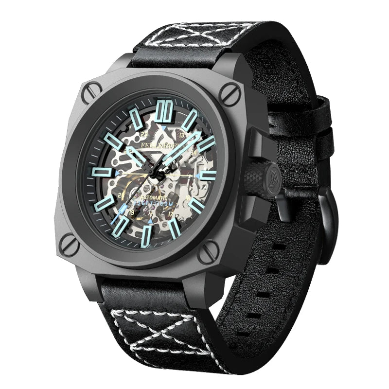 FeelNever Creative Automatic Movement Men's Watches Hollow Fashion Casual Sport Military Leather Waterproof Mechanical Watch+Box