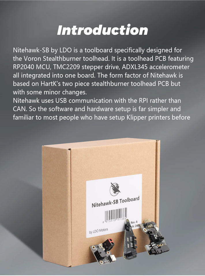 BLV® New Nitehawk LDO toolboard featuring RP2040 MCU TMC2209 drive ADXL345 accelerometer and USB port Voron StealthBurner
