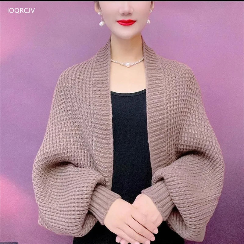 Spring Autumn Fashion Hollow Out Knitted Shawl New Long Sleeve Soft Mesh Cardigan Sweater Loose Elegant Female Knitted Cape
