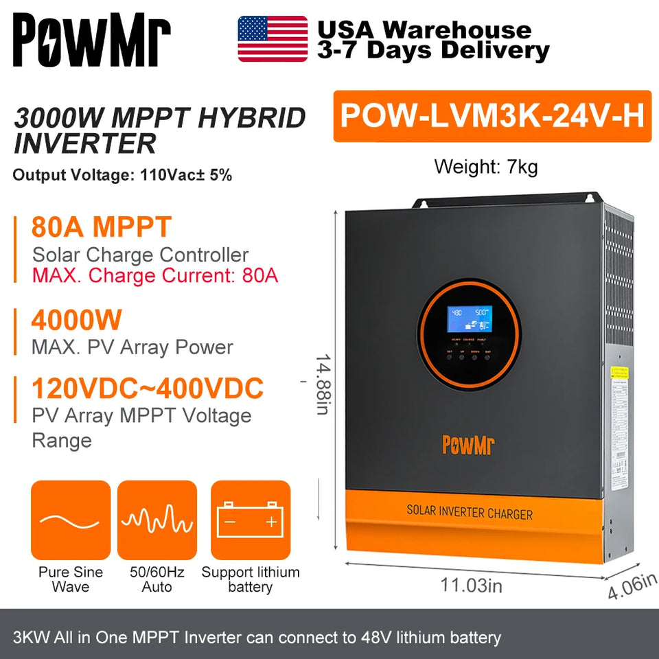 PowMr 3KW Hybrid Solar Inverters 24V to 110/120VAC Output With MPPT 80A Solar Charge Controller PV 120-450V Support WIFI Module