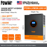 PowMr 3KW Hybrid Solar Inverters 24V to 110/120VAC Output With MPPT 80A Solar Charge Controller PV 120-450V Support WIFI Module