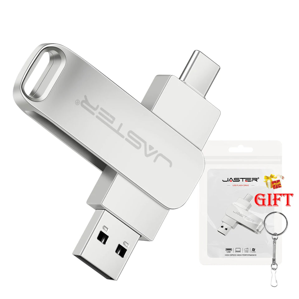 JASTER Metal USB TYPE-C 2 IN 1 Pen Drives 16GB silvery Flash Drive 64GB Commercial Affairs Gifts Memory Stick 4GB 8GB 32G U Disk