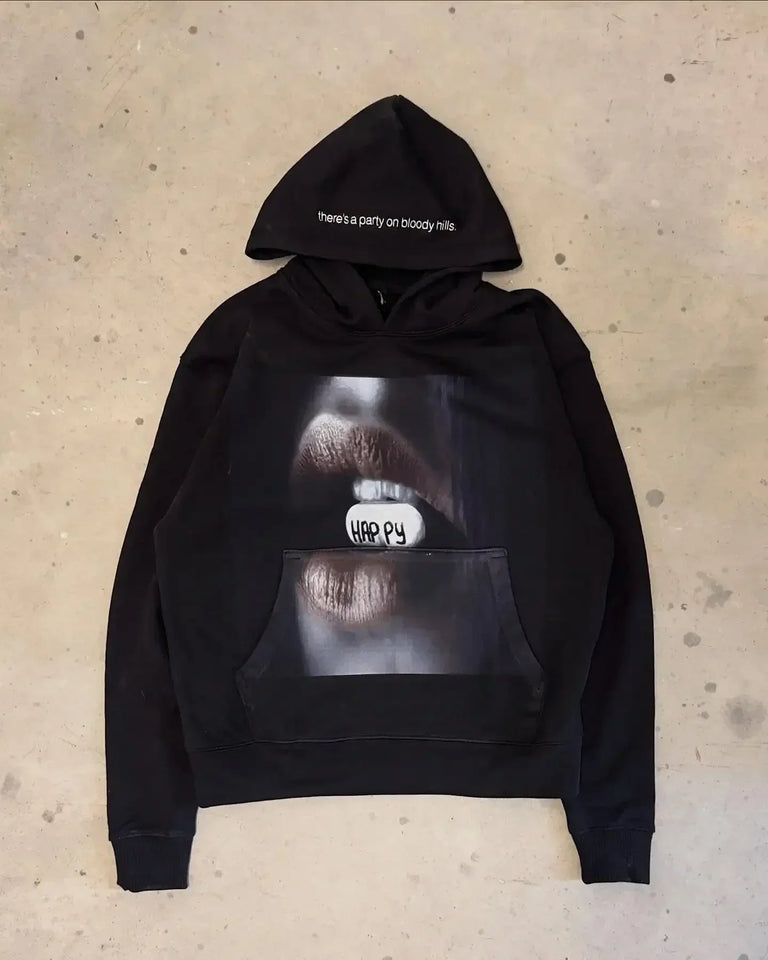 Mens Black Hooded Sweatshirt Green Head Character Graphic Red Text Print American Style Unique Creative Loose Fit Trendy Casual