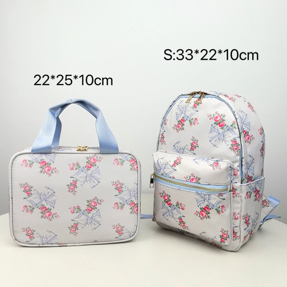 2PCS/SET Trendy Flower Bow Printing School Bag Lunch Bag Large Capacity Nylon Backpack Cute Students Insulation Ice Bento Box