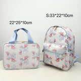 2PCS/SET Trendy Flower Bow Printing School Bag Lunch Bag Large Capacity Nylon Backpack Cute Students Insulation Ice Bento Box