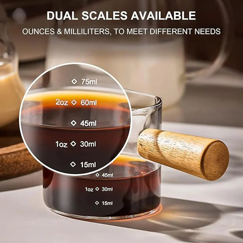 Glass Milk Cup Fine Espresso Small Glass Measuring Cup Double Spout Milk Jug Wooden Handle and Scale Coffee Latte Extraction Cup