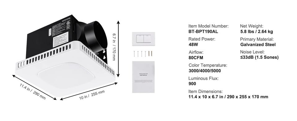 SucceBuy Bathroom Exhaust Fan 80/110CFM High-Efficiency Ventilation 1.5sones Low Noise Operation Energy-Saving Bathroom Ceiling