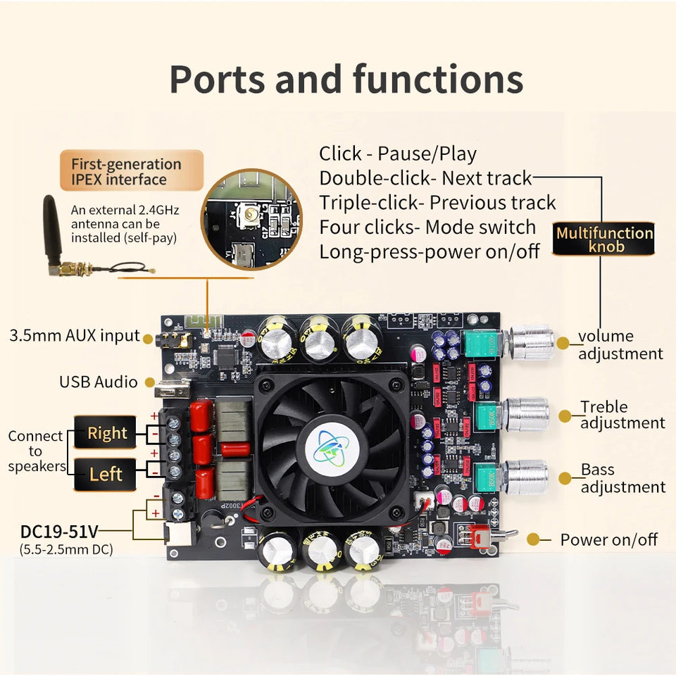 T3002P upgraded version 300WX2 Bluetooth digital amplifier board module with high and low frequency adjustment, imported TPA3255