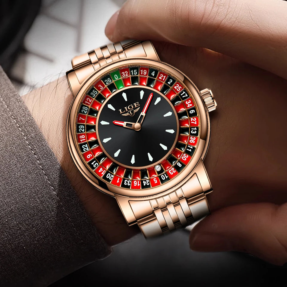LIGE Creative Luxury Mens Watches Roulette Game Dial Fashion Mens Watch Waterproof Luminous Quartz Wristwatches Rolling Ball
