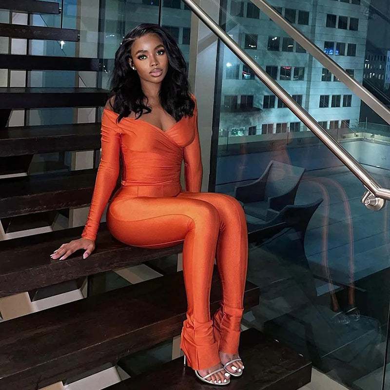 Three Sisters New Arrivals Autumn Winter Fashion Casual Home Solid Color Long Sleeve V-neck Ladies Two Piece Sets Pantsuits