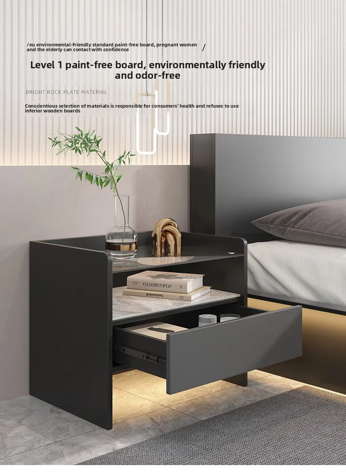 Modern Simple Bedroom Furniture Wooden Glass Bedside Table Storage Side Cabinet