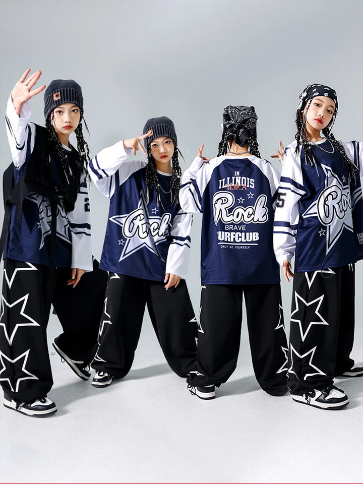 Girls Hip Hop Star Sweatshirt Vest Joggers Pants Boys Cool Streetwear Clothes Set Kids Children Jazz Street Dance K-pop Costumes