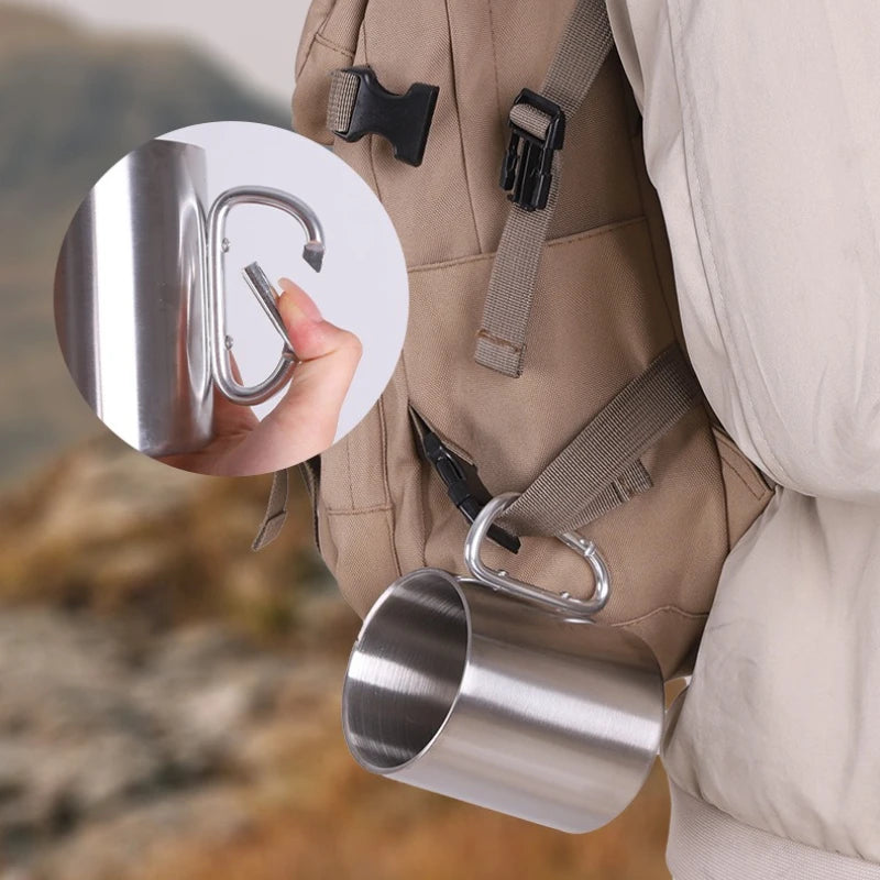 Stainless Steel Mountaineering Water Cup Button Coffee Camping Mug with Carabiner Handle Climbing Hiking Backpacking Travel Cups