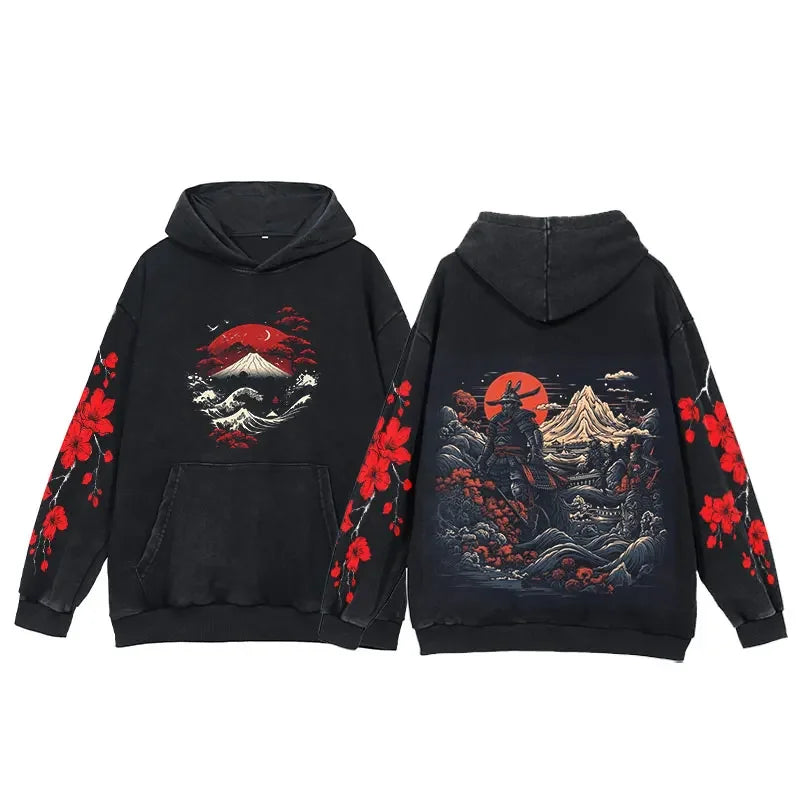Y2K Anime Hoodies Men Ukiyoe Oversized Loose Vintage Acid Wash Hooded Sweatshirt Women Goth Harajuku Cotton Long Sleeve Pullover