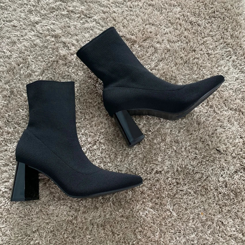 2025 Autumn Winter Knitted Stretch Fabric Socks Boots Women Low Heel Short Boots Pointed Toe Female Ankle Booties Size 42