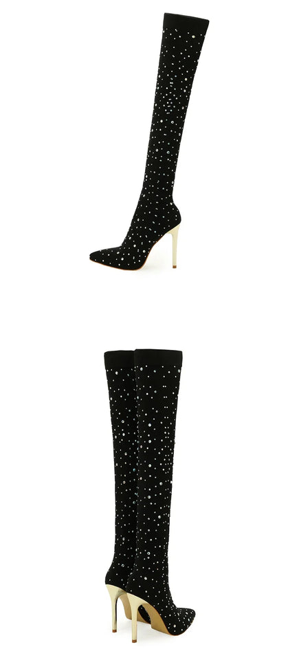 Eilyken Sexy Runway Crystal Stretch Fabric Sock Over the Knee Boot Thigh Stiletto High Pointed Toe Woman Shoes Zapatillas Mujer