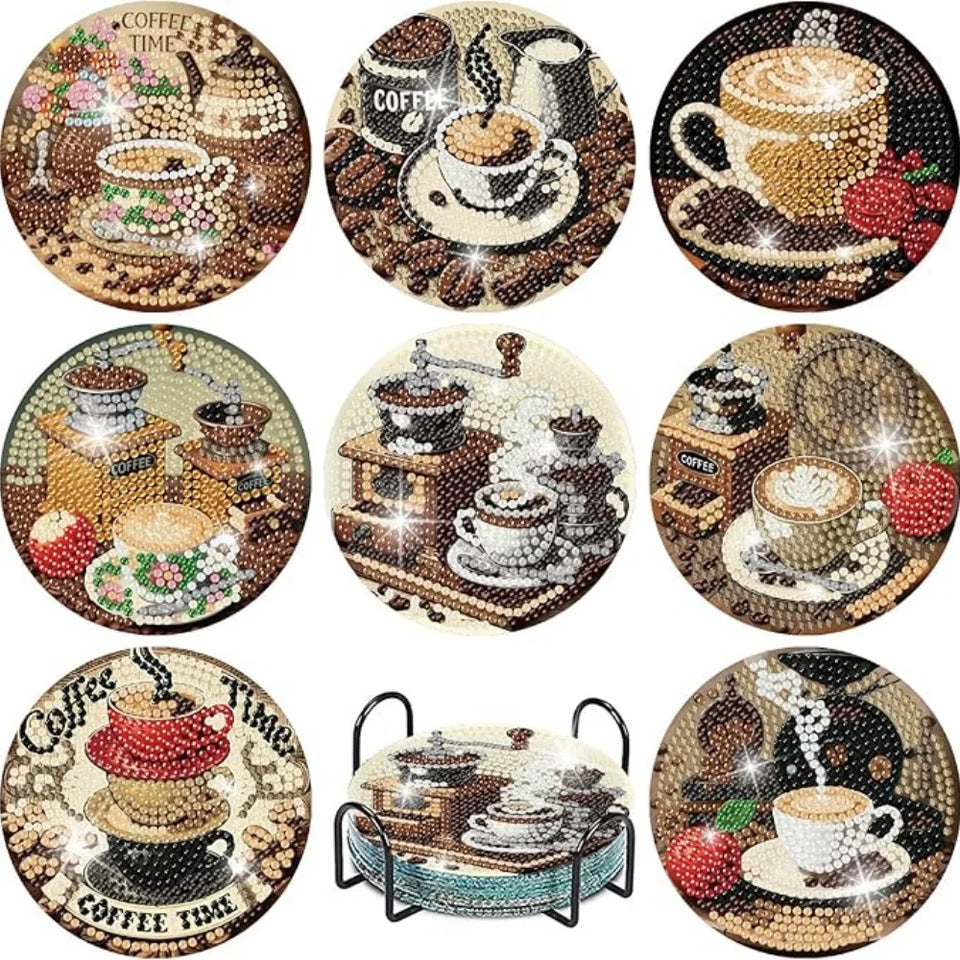 8 pieces/set of diamond painted coaster set with coffee pattern coaster (with holder) - DIY diamond art craft kit for home decor