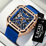 LIGE New Fashion Men Watches Luxury Large Dial Square Design Quartz Watch Casual Silicone Band Men's Sports Watches Reloj Hombre