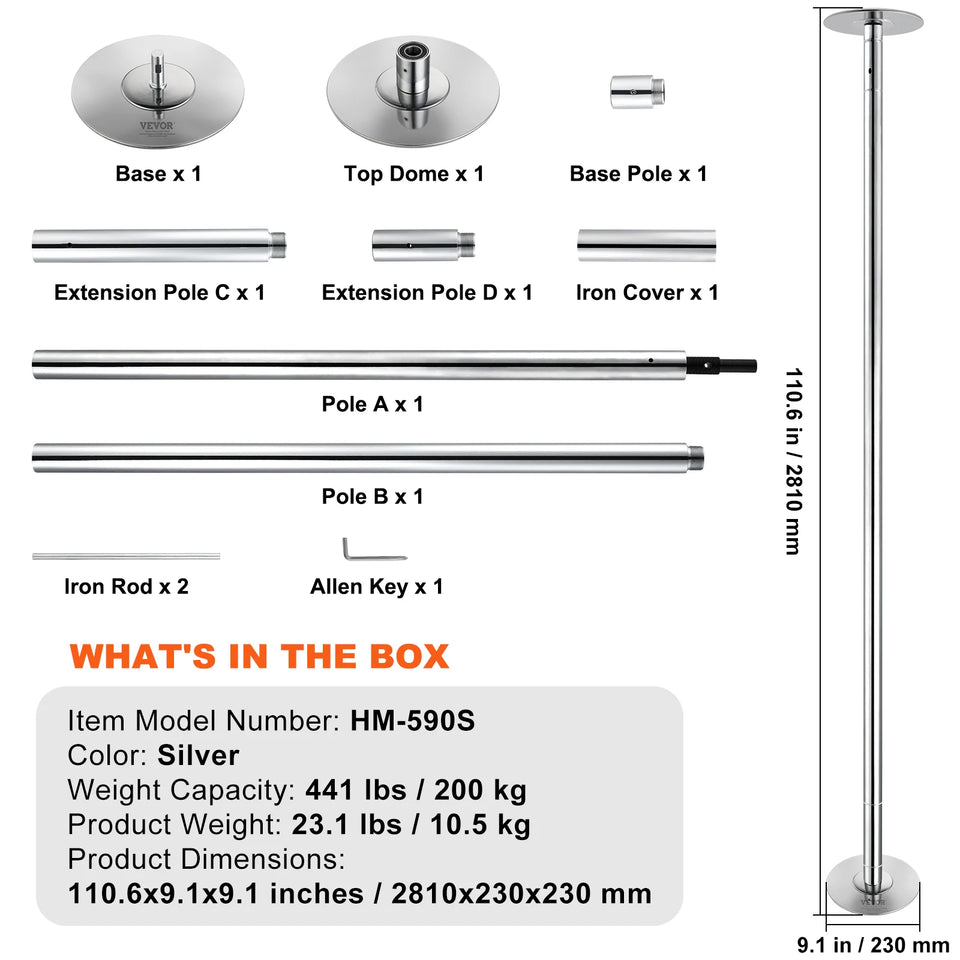 SucceBuy Professional Dancing Pole Spinning Static Dancing Pole Kit Portable Removable Pole 45mm Heavy-Duty Stainless Steel Pole
