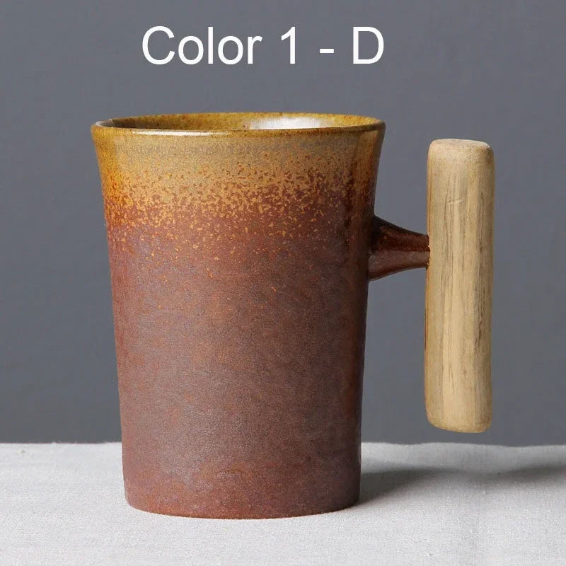 Japanese Vintage Tea Cup Set Ceramic Coffee Mug Rust Glaze Milk Cafe Cup with Wood Handle Water Cup Teacup Home Office Drinkware