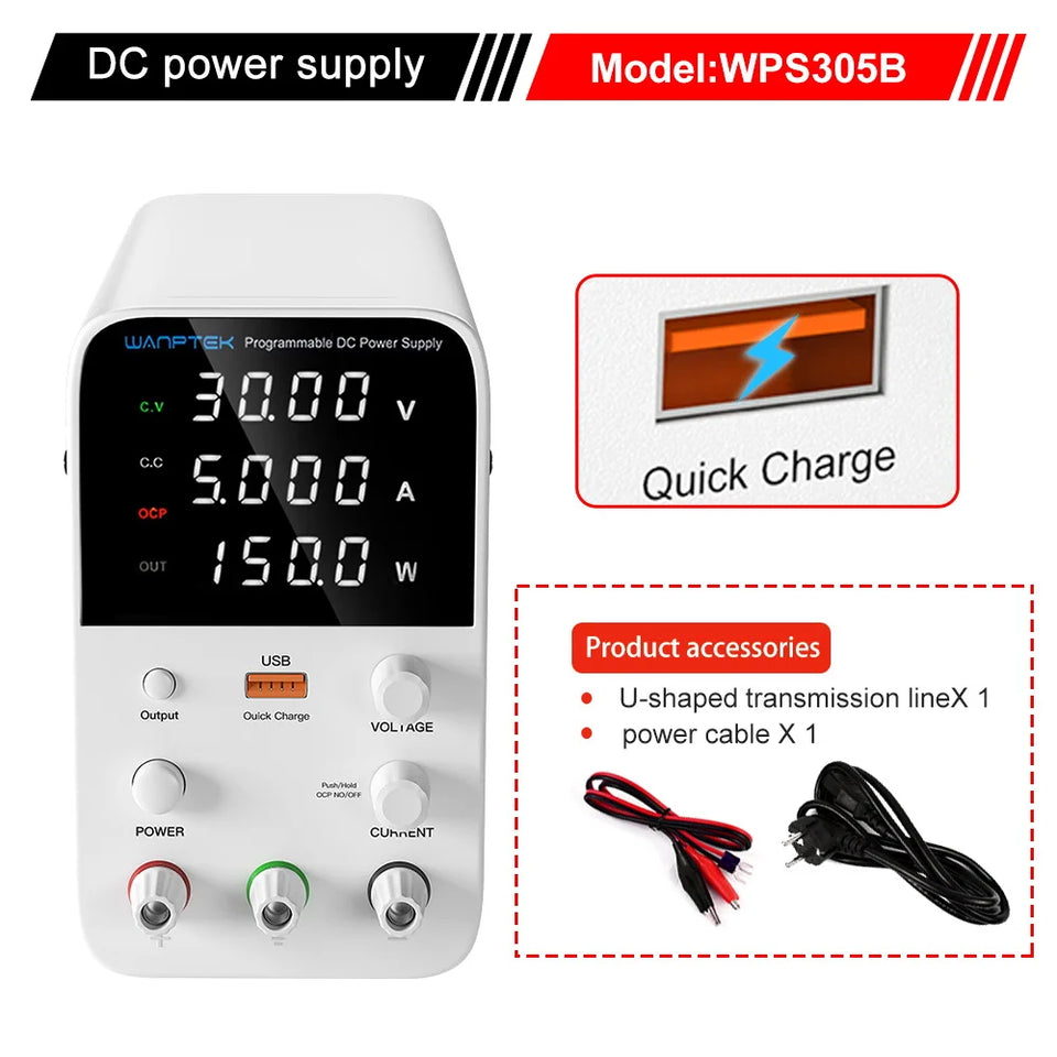 Wanptek Adjustable DC Power Supply 30V 60V 5A 10A Lab Bench Power Supply USB Interface Fast Charging Preset Voltage and Current