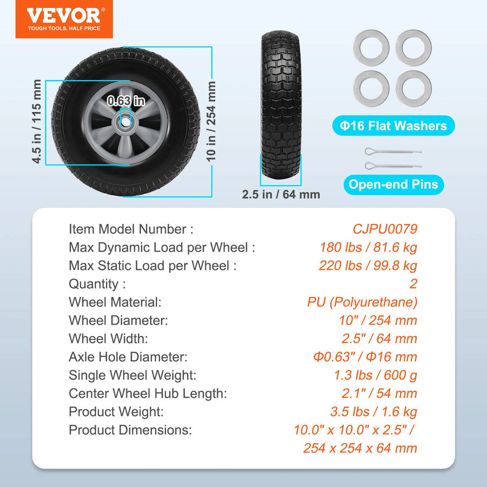 SucceBuy 2-Pack Solid PU Run-Flat Tire Wheel 10" Flat Free Tubeless Tires and Wheels for Dollies Garden Trailers Various Carts