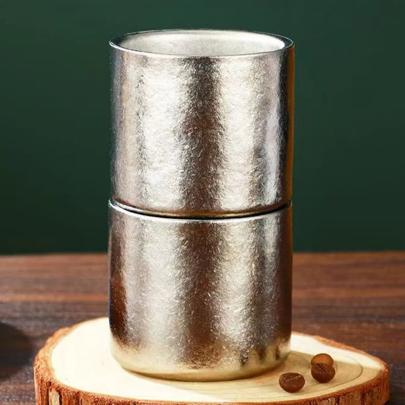 Pure Titanium Double-Wall Mini Coffee Mug,Outdoor Water Cups Silver-Gray Drinking Office Tea Mug 100 ml Luxury-Feel Coffee Cup