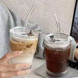 400/600ML Stripe Glass Coffee Cup With Lid and Without Cover Straw Transparent Drinking Glasses for Juice Iced Coffee Mugs