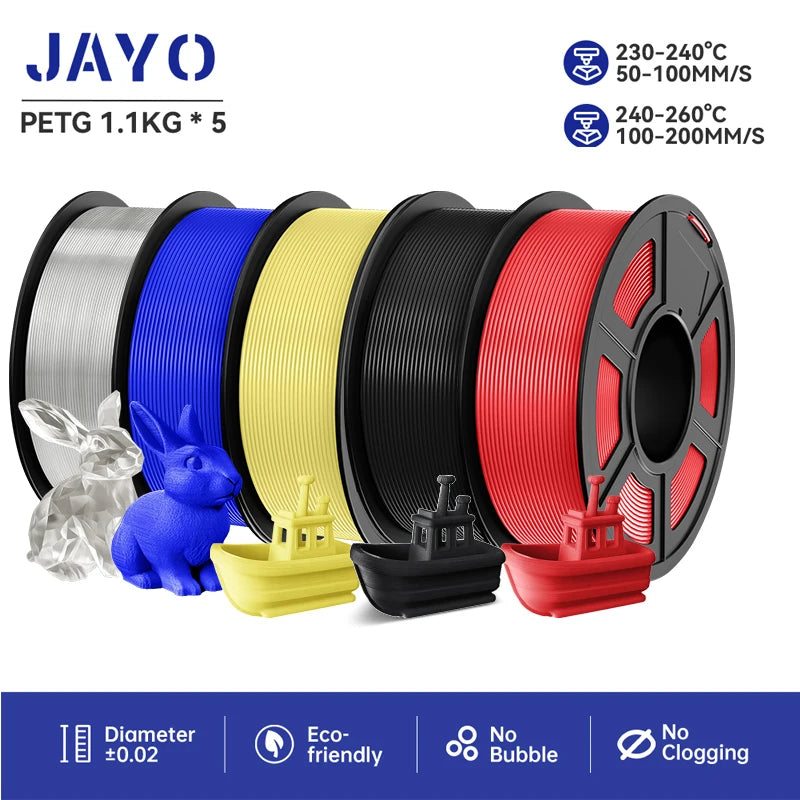 JAYO filaments petg 5Rolls Mixed colors 3D Printer Filament 1.75mm 100% No Bubble FDM 3D Printer Materials DIY Gift 1.1KG/1rolls
