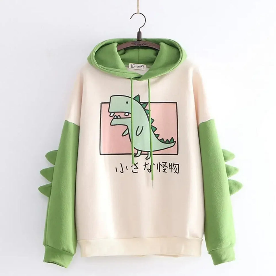 Winter Cute Dinosaur Cartoon Hoodie Women Fashion Sweatshirt Casual Print Long Sleeve Korean Style Splice Tops Kawaii Clothes