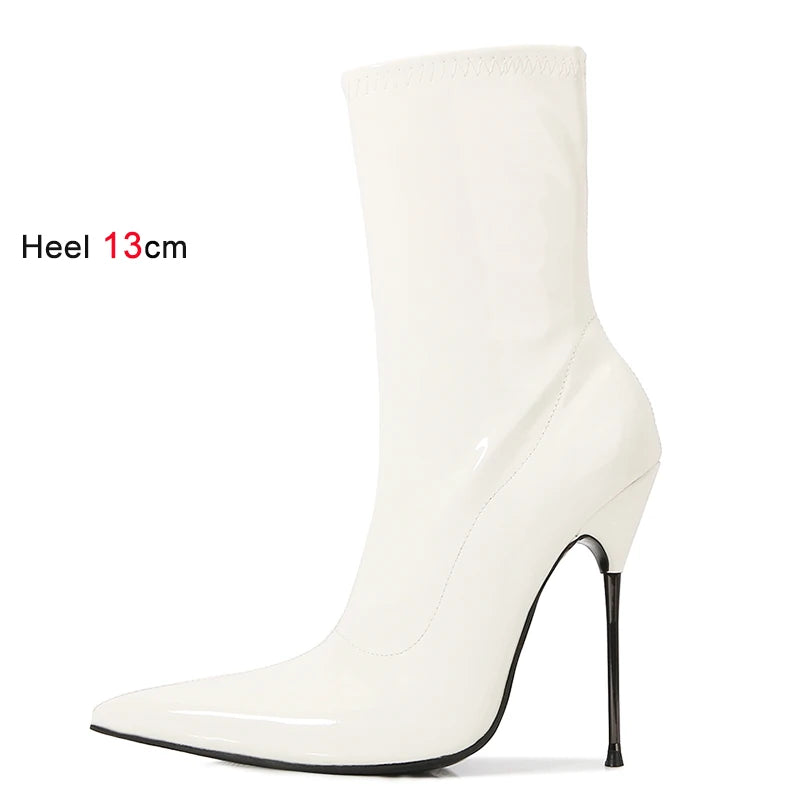 Knee-High Modern Boots Pointy Toe Women Shoes 13cm Ultra Thin Steel High Heels Metal Heel Calf Boots for Women Fun Shoes Size 46
