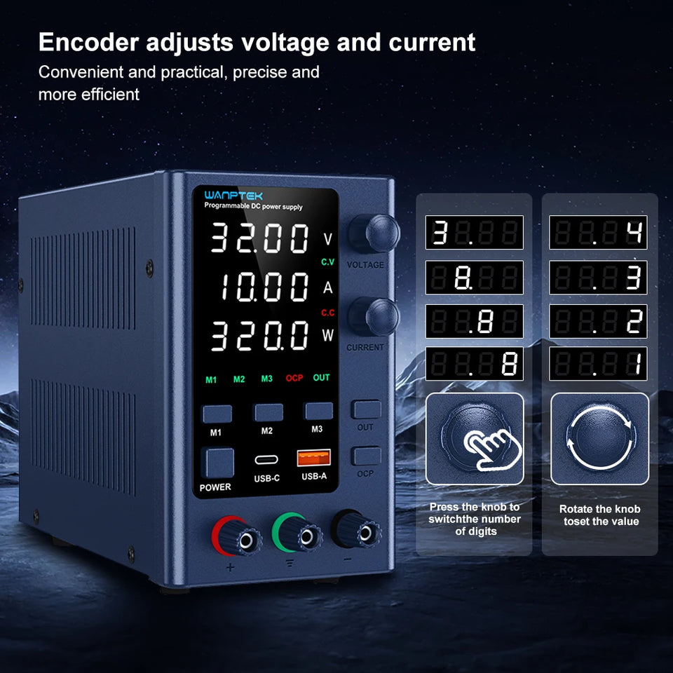 Wanptek Adjustable DC Power Supply 30V 60V 5A 10A Lab Bench Power Supply USB Interface Fast Charging Preset Voltage and Current