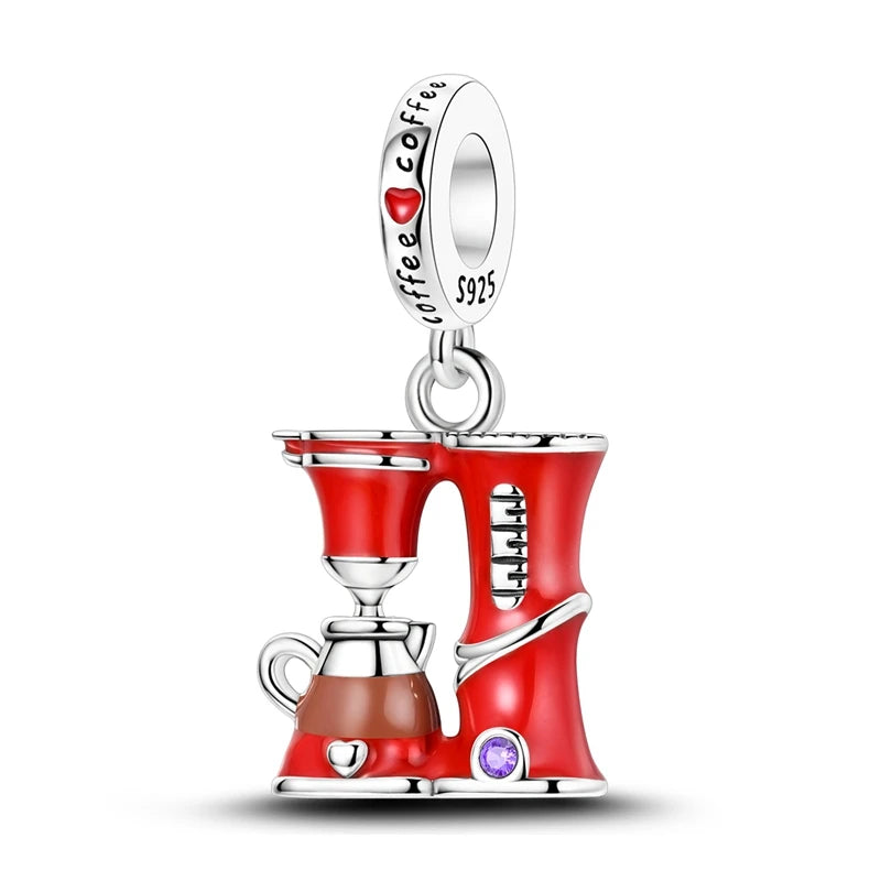 Red Series 925 Sterling Silver Koi Firecracker Dragon Heart Mushroom Coffee Machine Charm Fit DIY Bracelet Necklace Niche Gifts