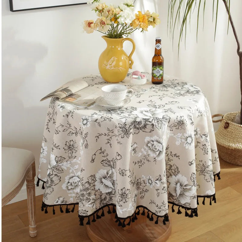Cotton Linen Nodic Pastoral Black Peonies Black Tassel 150cm Round Tablecloth for Coffee Tables Table Cover Round Table Cloth