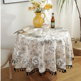 Cotton Linen Nodic Pastoral Black Peonies Black Tassel 150cm Round Tablecloth for Coffee Tables Table Cover Round Table Cloth