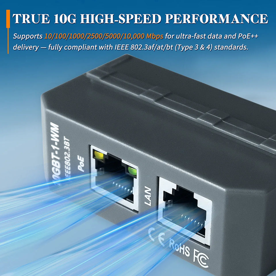 IEEE 802.3af/at/bt 4 Pair Active PoE Injector 2.5G/5G/10G High-Speed PoE++ 90W Max Outut For HD IP Cameras DIN Rail Mounting