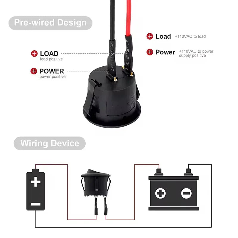 Mini Rocker ON Off 2/3Pin Toggle Square Round Electrical Switch with Pre-Wired 20cm 6A/250V10A/125V