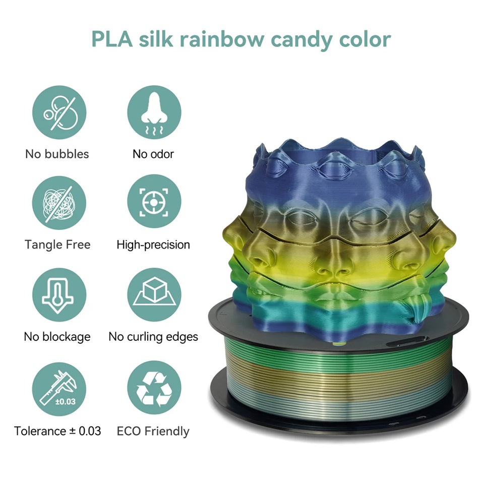 KINGROON Rainbow Silk PLA Filament 1.75mm 1KG Multicolor Gradient 3D Printer Materials Color Change Smooth Silky PLA Plastic New