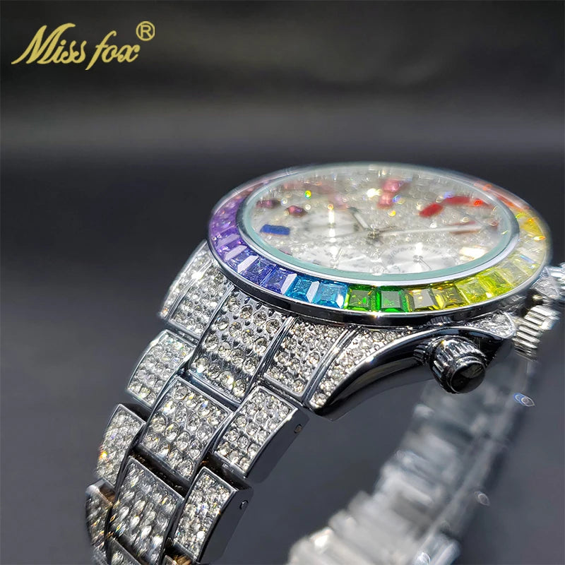 MISSFOX Men Watches 2021 Luxury Large Case With Baguette Full Diamond Quartz Wristwatch Chronograph Calendar Watch Droshipping