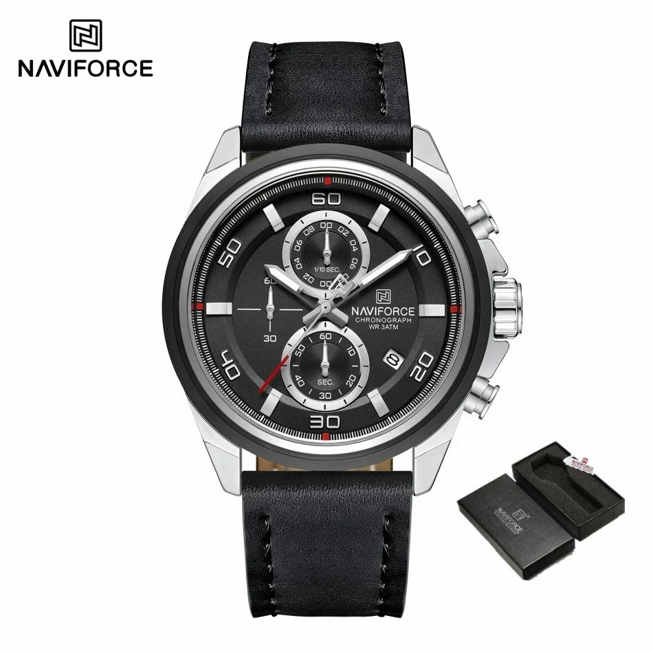 Original NAVIFORCE Business Luxury Leather Strap Men Watches Sports Chronograph Watch for Man 3ATM Waterproof Quartz Wristwatch
