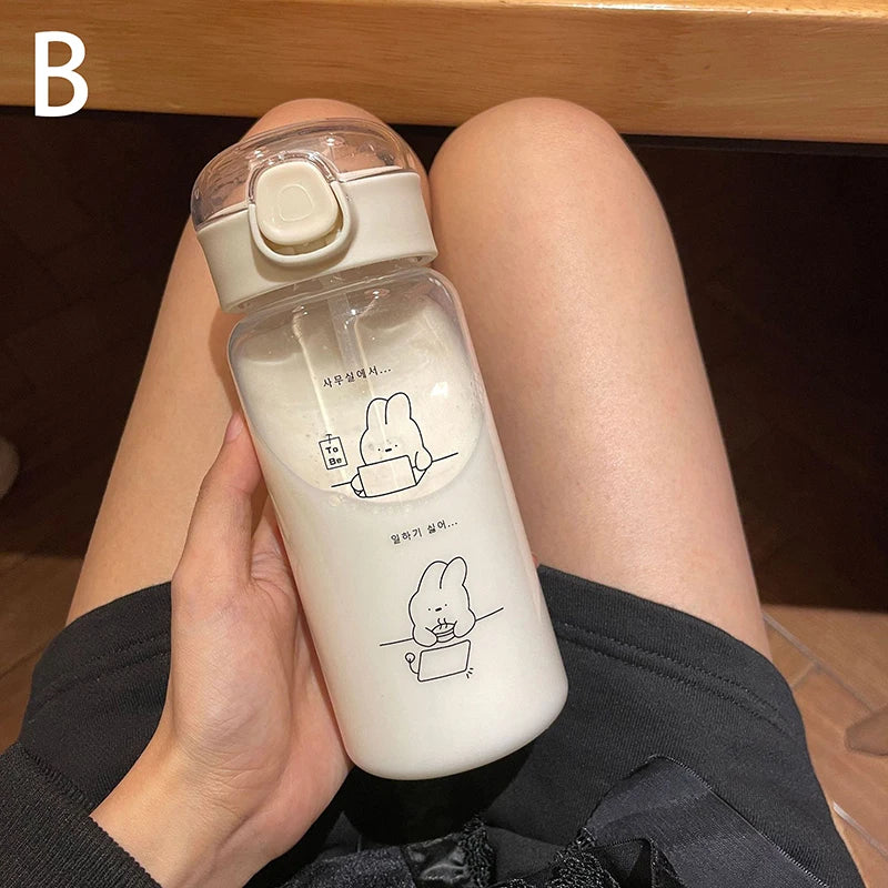 Cartoon Water Bottle With Straw Cute Plastic Drinking Bottle Portable Leak-proof Drinkware For Drinking Milk Coffee Tea