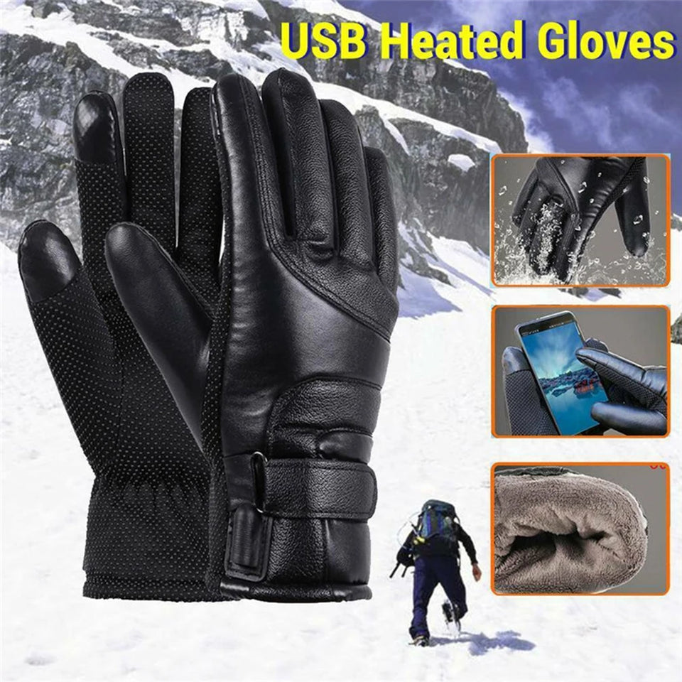 Leather Electric Heating Gloves Waterproof Outdoor Warm Hand Heating Gloves Touchscreen Hand Warmer for Hiking Skiing Fishing